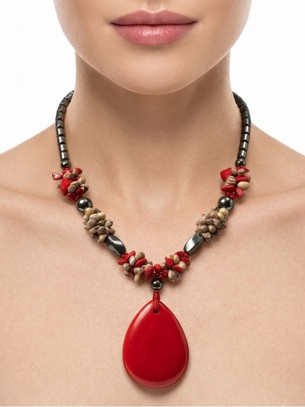 Vintage 80's Hematite and Shell Red Beaded Necklace Teardrop Pendant - 20 Inches